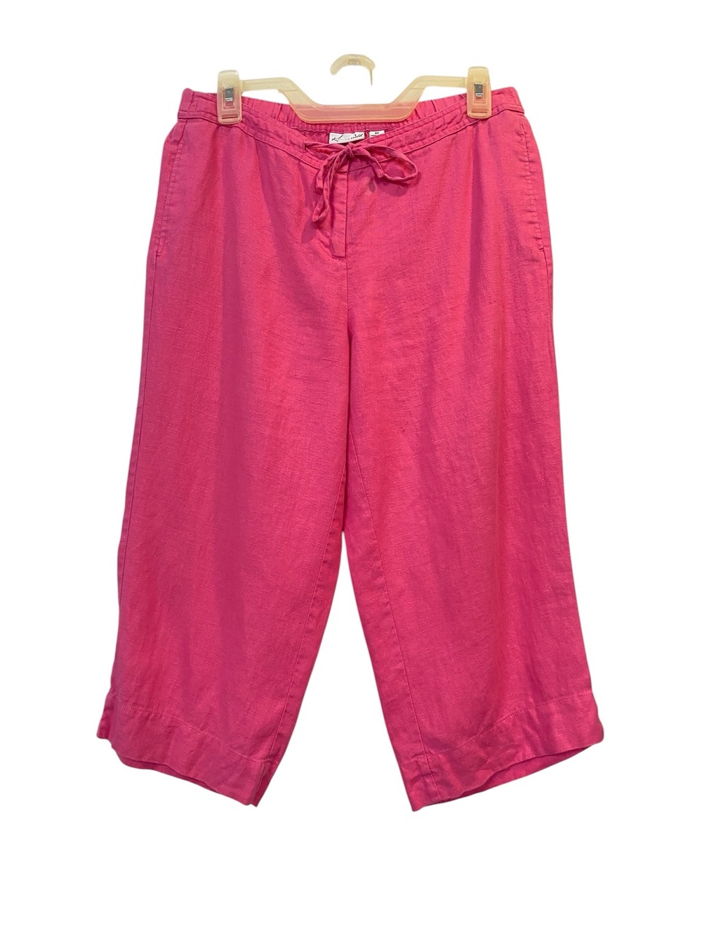 Kim Rogers Women's size 8P Linen Hot Pink Drawstring Cropped Straight-Leg Capris